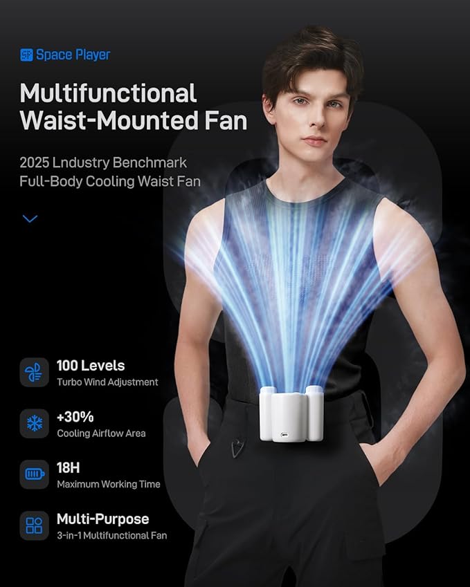 Portable Waist Fan with Lighting, 100 Speeds 13000RPM Clip on Fan for Shirt, 360° Angle Adjustment Tilt LED Display Rechargeable Personal Belt Fans for Travel and Camping-Black