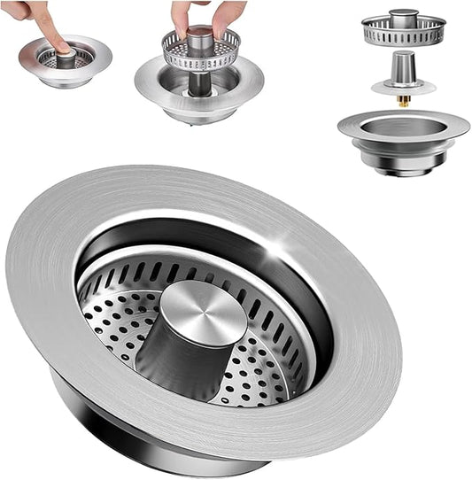 Upgraded 3-in-1 Kitchen Sink Drain Strainer Stopper 2025|Rust-Proof Strainer Basket |Universal Fit for Standard 3.5" Drains |Anti-Clog&Odor Filter |Efficient Drainage (Stainless Steel, 1 PC)