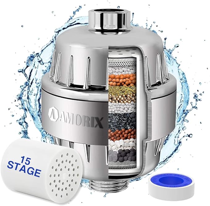 15 Stage Shower Head Filter for Hard Water - High Output Shower Water Filter Reduces Chlorine, Improves Skin Condition