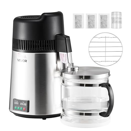 VEVOR Water Distiller, 6L 1.6 Gallon Larger Pure Water Purifier Filter For Home Table Countertop, 900W Glass Pot Distilled Maker, Stainless Steel Interior Drinking Machine to Make Clean Waters, Silver
