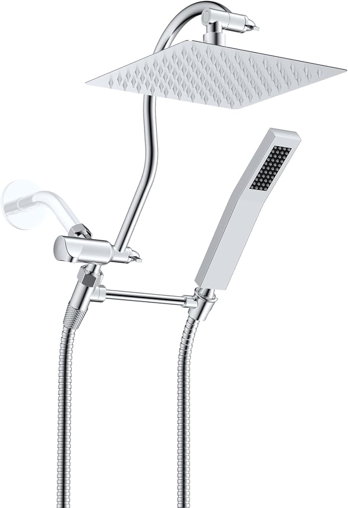 Hibbent All Metal Shower Head, 8'' High Pressure Rainfall Shower Head, Showerhead Combo, Handheld Shower Wand, 12'' Adjustable Curved Shower Extension Arm, 71'' Hose, Shower Head Holder, Chrome