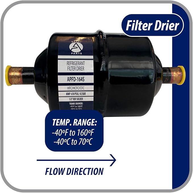 Appli Parts APFD-164S 1/2 in Liquid Line Refrigerant AC Filter Drier hvac Refrigeration 164S ODF Sweat Solder connection universal unidirectional 7in long 3in wide