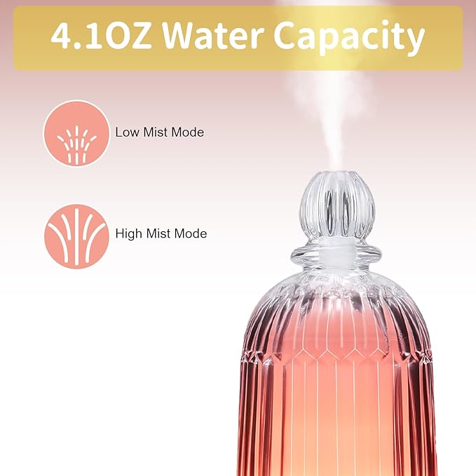 Glass Essential Oil Diffuser, Aroma Diffusers with Glass Cover & Plastic Reservoir Small Humidifiers with 7 Color LED Lights Auto-Off for Home Office Bedroom Yoga 120ml(White Bottom)
