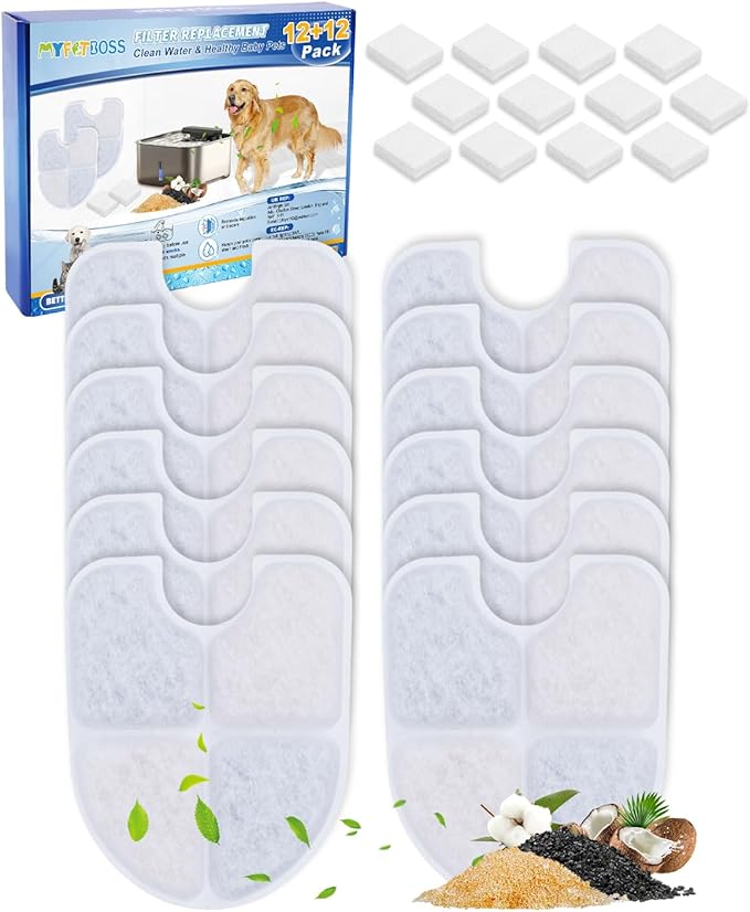 12+12 Pack Cat Water Fountain Filters Compatible with FEELNEEDY Dog Water Bowl Dispenser 3 Gal/12L, Pet Filter Replacement & Pump Filters Sponges for Large Dog Dispenser