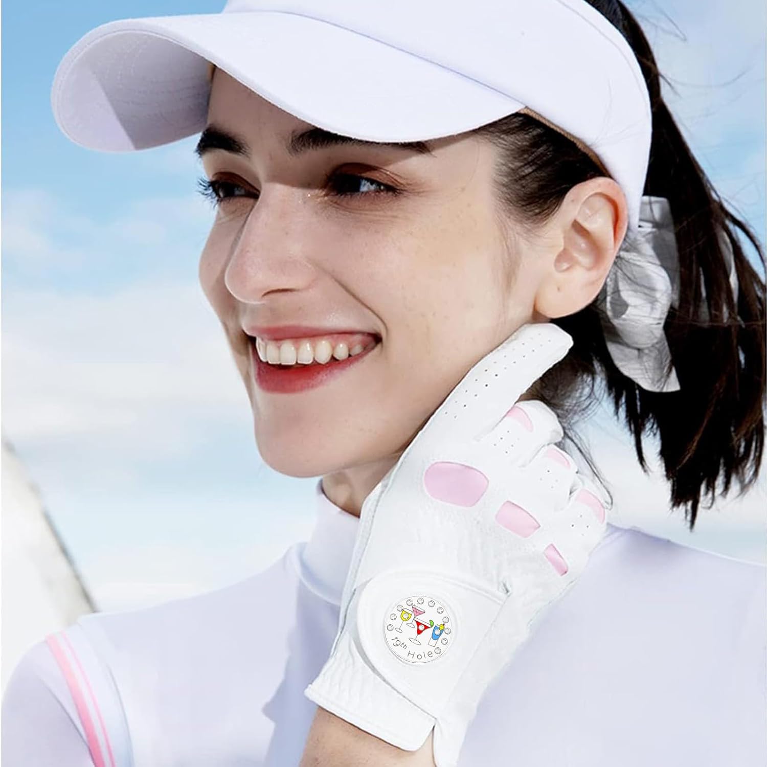 Golf Gloves Women Leather with Ball Marker 3 Pack, Left Hand Right Stylish Pink All Weather Grip Breathable Glove, Fit Sizes Small Medium Large for Womens Ladies