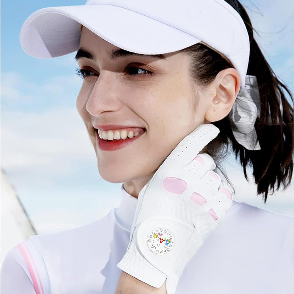 Golf Gloves Women Leather with Ball Marker 3 Pack, Left Hand Right Stylish Pink All Weather Grip Breathable Glove, Fit Sizes Small Medium Large for Womens Ladies