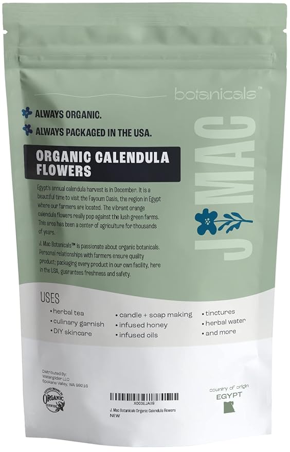 J Mac Botanicals, Organic Calendula Flower (4 ounce), whole dried flowers and petals, loose leaf tea, marigold flower, USDA Certified Organic. Great for loose leaf teas, cocktail bombs, salve-FlexoryFit