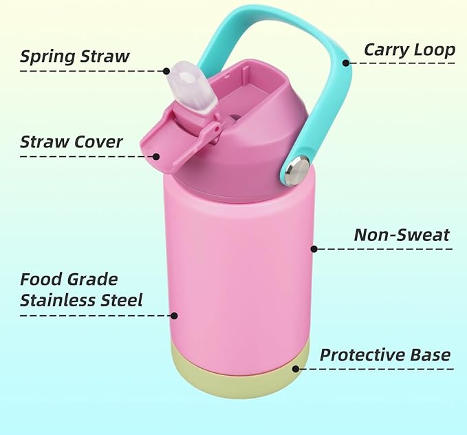 Insulated Water Bottle with Straw Lid,12 oz Stainless Steel Vacuum Metal Bottle with Silicone Handle,Rose Pink-FlexoryFit