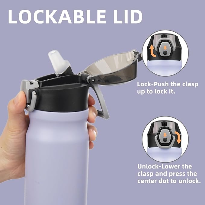 Insulated Water Bottle with Straw and Carry Loop,18 oz Stainless Steel Double Wall Vaccum Metal Water Flask with Leak-proof Lid,Light Purple-FlexoryFit