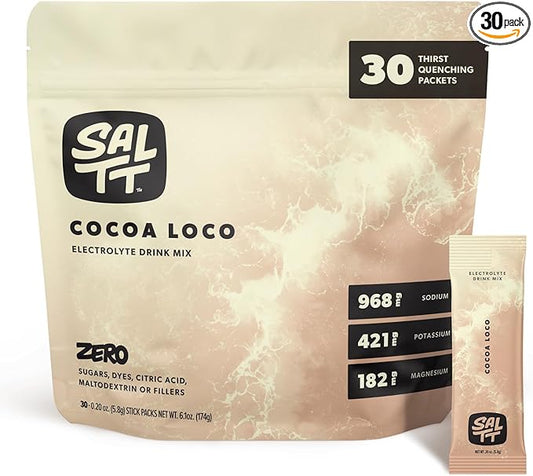Keto Chow SALTT Electrolytes Powder Packets, Cocoa Loco (30 Hydration Packets) - Magnesium, Potassium, Sodium, Trace Minerals - Vegan, Gluten Free, Sugar Free - Travel Essentials - Made in USA-FlexoryFit