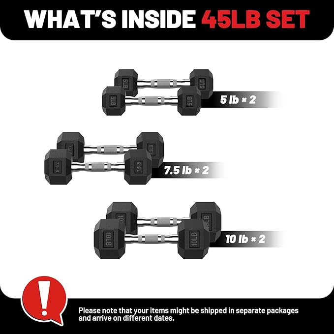 PAPABABE Hex Dumbbell Set, 45-135 lb Rubber Encased Home Gym Dumbbells, Weights Dumbbells Set for Women & Men, Hand Weight with Anti-Slip Grip-FlexoryFit