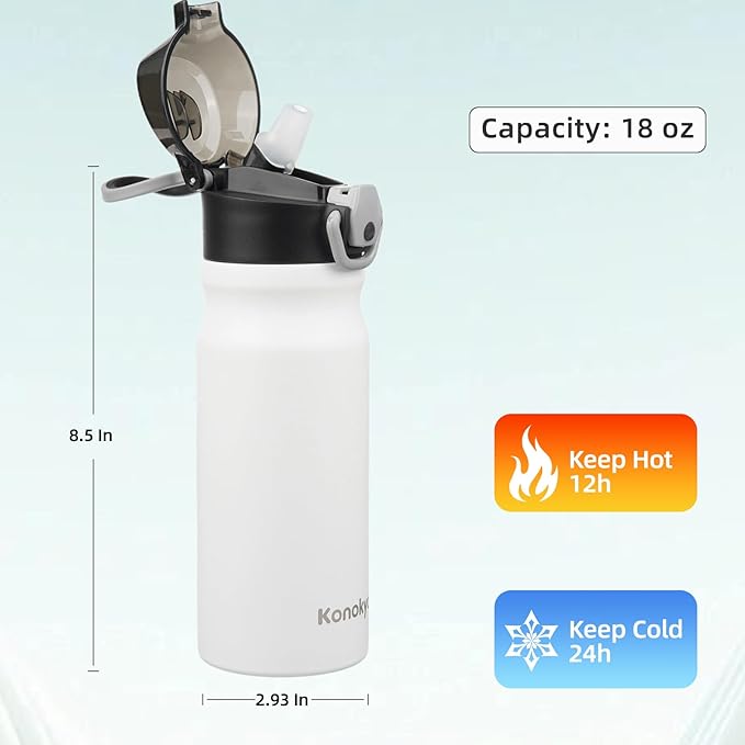 Insulated Water Bottle with Straw and Carry Loop,18 oz Stainless Steel Double Wall Vaccum Metal Water Flask with Leak-proof Lid,White-FlexoryFit