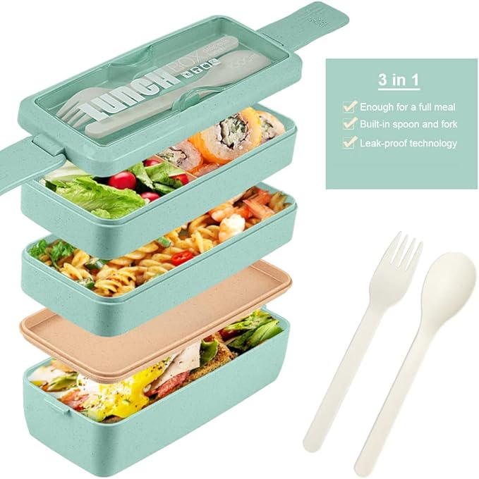 Iteryn Bento Box Lunch Box, 3-In-1 Compartment Containers - Wheat Straw, Leakproof Stackable Bento Lunch Box Meal Prep-FlexoryFit