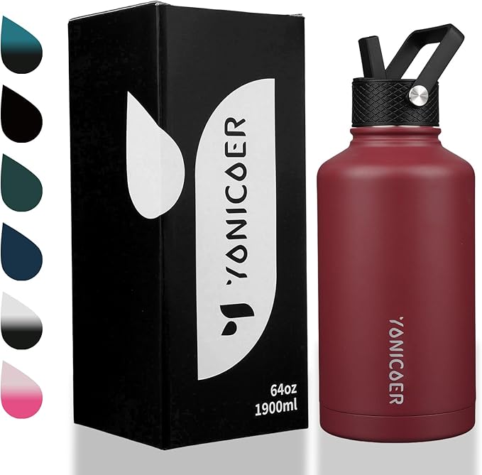 Insulated Water Bottle 64oz,Triple Wall Vacuum Stainless Steel(Dishwasher Safe),Leak Proof & Non-BPA,Flask Jug with Paracord Handle & Straw Spout Lids Sports-FlexoryFit