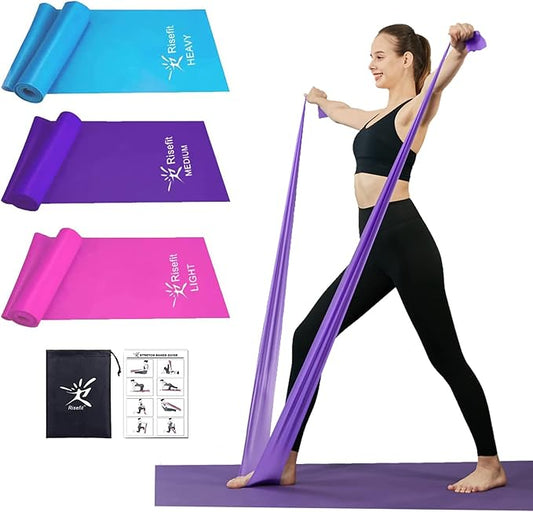 Therapy Flat Resistance Bands Set, Latex Free Flat Elastic Exercise Stretch Bands for Stretching, Flexibility, Pilates, Yoga, Ballet, Gymnastics, Rehab, Workout, Pink, Purple, Blue (3 Pack, 5 FT long)-FlexoryFit