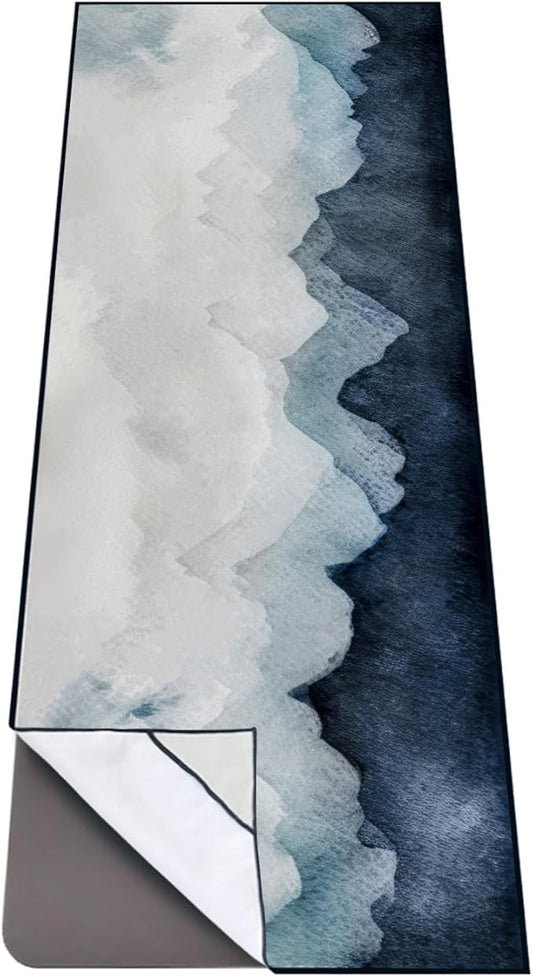 QiyI Yoga Mat Towel with Corner Pockets, Non Slip Sweat Absorbent Hot Yoga Towels, Soft Yoga Blankets with Travel Bag, Skidless Mat Cover for Workout, Gym, Fitness - 70"x26", Watercolor Mountain-FlexoryFit