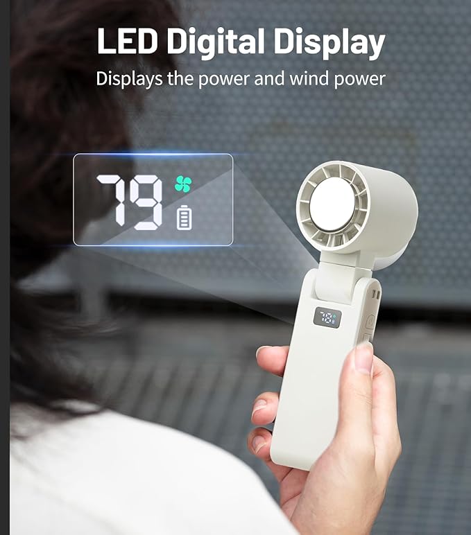 PEAKFLOW Handheld Fan with Ice Cooler,Foldable,Mini Pocket Size, Digital Display, 4000mAh Rechargeable Battery,4-Speed,4-in-1 Portable Fan for Travel and Outdoor