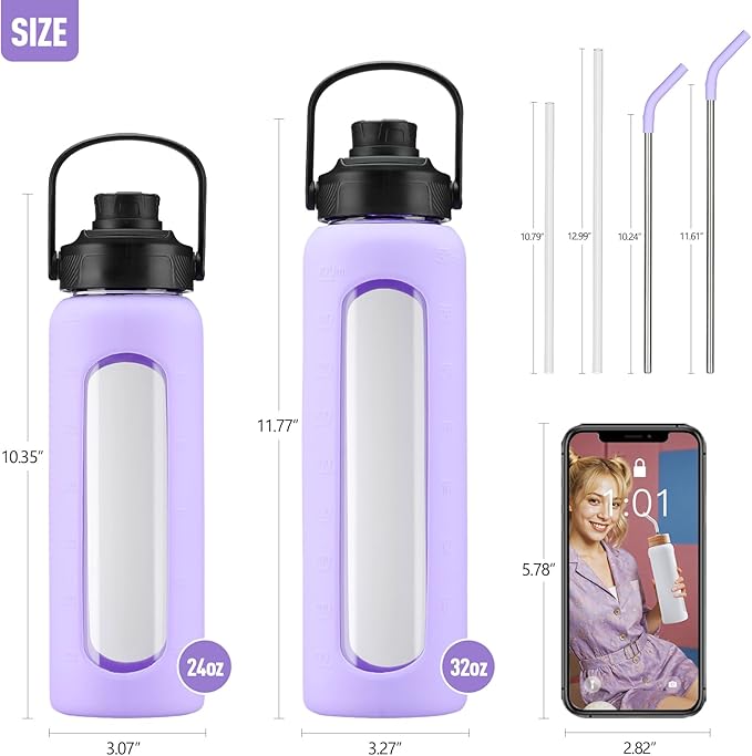 Kodrine Water Bottle with Straw, 24 oz Glass water Bottle with 2 Lids Bamboo Straw Lid and Spout Lid with Handle, 32 oz Clear Water Bottle Glass for Sports Travel, Waterbottle with Time Marker-FlexoryFit
