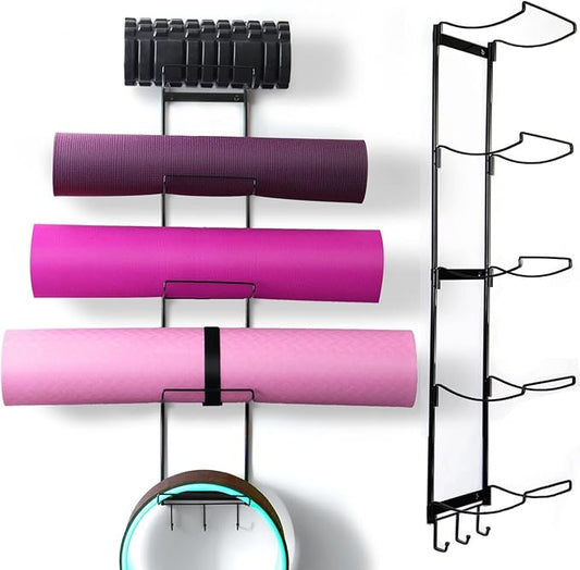 MRZZATA 5-Tiers Yoga Mat Holder Wall Mount, Metal Storage Rack for Mats/Wheels, Foam Roller and Block, Wall Rack with 3-Hooks for Hanging Stretching Strap, Resistance Bands, Yoga Accessories-FlexoryFit