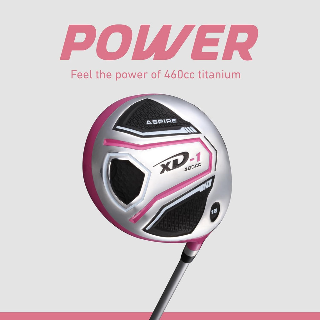 Aspire XD1 Womens Golf Clubs Full Set, Includes Driver, Fairway, Hybrid, 6-PW Irons, Putter, Stand Bag, 3 H/C's, Ultra-Light Graphite Shafts, Golf Clubs Women Right Handed, Comes in 3 Sizes, Pink