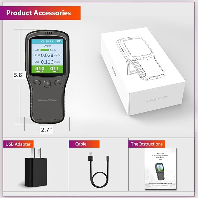 Air Quality Monitor Indoor, 5 in 1 Formaldehyde Detector, voc Meter, Detect Indoor HCHO,TVOC,AQI,PM2.5,PM10. Colorful LCD Screen & USB Charging