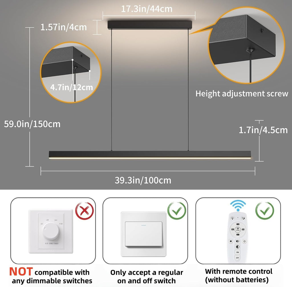 Modern Ceiling Pendant Lights,39in LED Black Linear Chandelier with Remote Control 3000k-6000K Adjustable Color Temperature,Island Lighting Hanging Light for Kitchen,Dining Room,Living Room