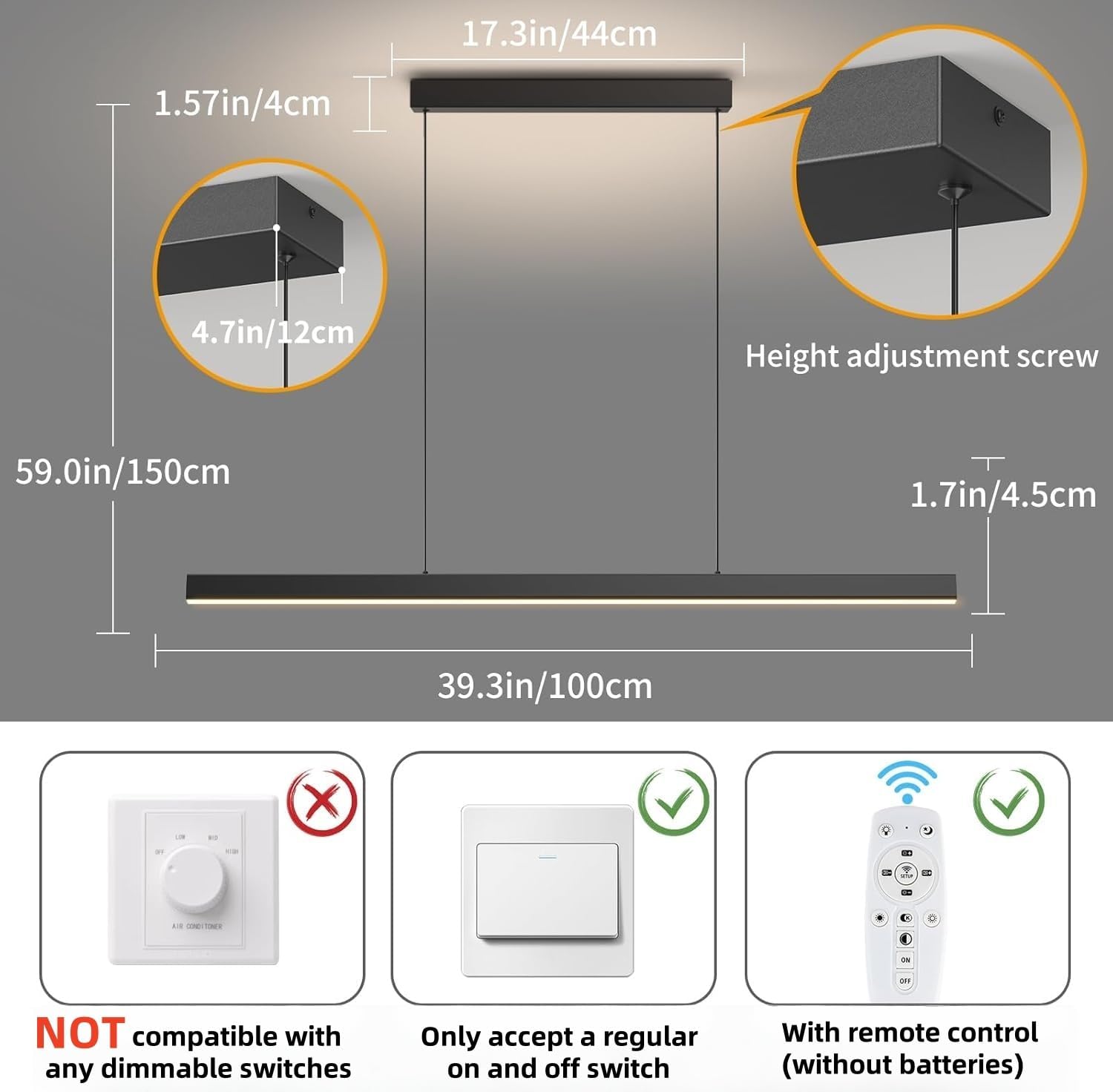 Modern Ceiling Pendant Lights,39in LED Black Linear Chandelier with Remote Control 3000k-6000K Adjustable Color Temperature,Island Lighting Hanging Light for Kitchen,Dining Room,Living Room