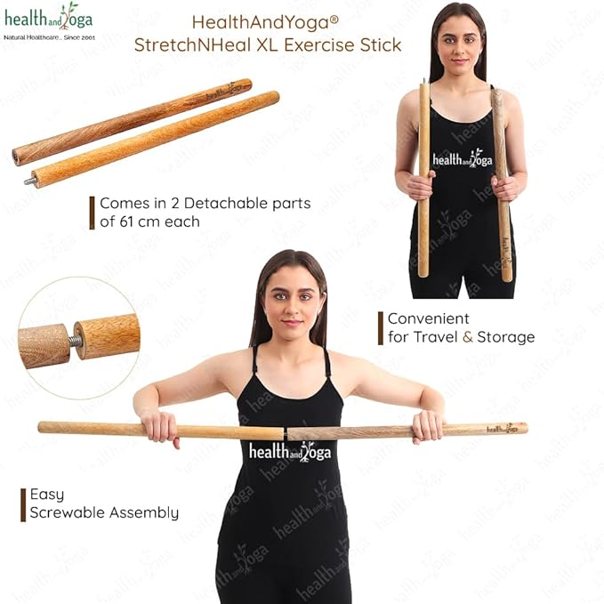 HealthAndYoga™ StretchNHeal Collapsible Multi-Use Wooden Yoga Stick - Regular and XL - Portable Posture Corrector Pole, Stretch Mobility Stick, Physical Workout Exercise Dowel-FlexoryFit
