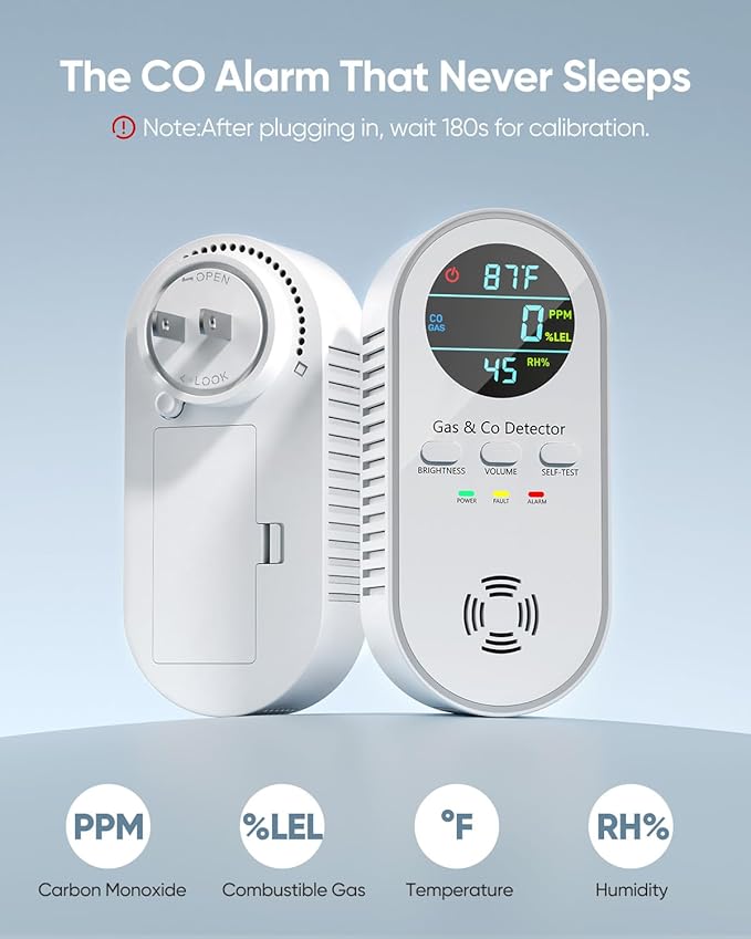 5-in-1 Carbon Monoxide Detectors, Natural Gas Leak Detector, Plug-in & Battery Backup Co Detector, HD Digital Display, CO Gas Temp Humidity Sensor, 2-Pcs, White