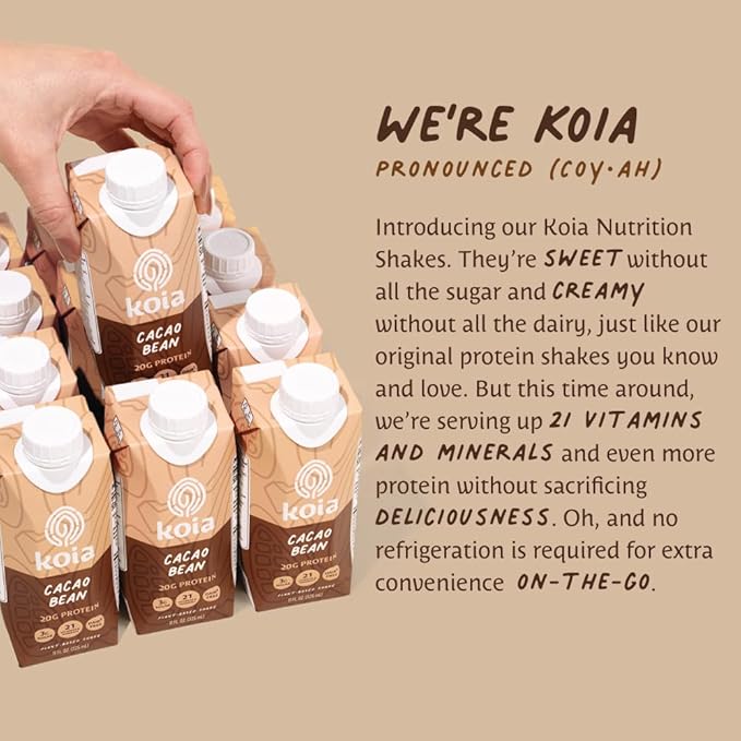 Koia Plant Based Protein Shake, Cacao Bean, 20g Protein, 3g Sugar, 6g Prebiotic Fiber, 21 Vitamins & Minerals, Meal Replacement Drinks, Dairy-Free, Gluten-Free, Non-GMO, 11 Fl Oz (Pack of 12)-FlexoryFit