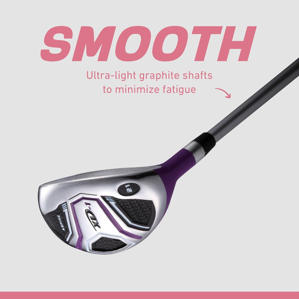 Aspire XD1 Womens Golf Clubs Full Set, Includes Driver, Fairway, Hybrid, 6-PW Irons, Putter, Stand Bag, 3 H/C's, Ultra-Light Graphite Shafts, Golf Clubs Women Right Handed, Comes in 3 Sizes, Purple
