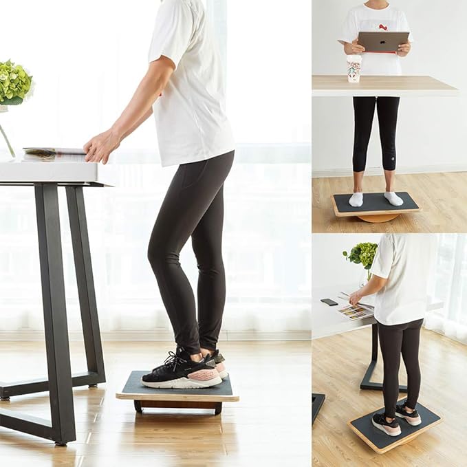 StrongTek Professional Wooden Balance Board, Rocker Board, Wood Standing Desk Accessory, Balancing Board for Under Desk, Anti Slip Roller, Core Strength, Stability, Office Wobble Boards-FlexoryFit