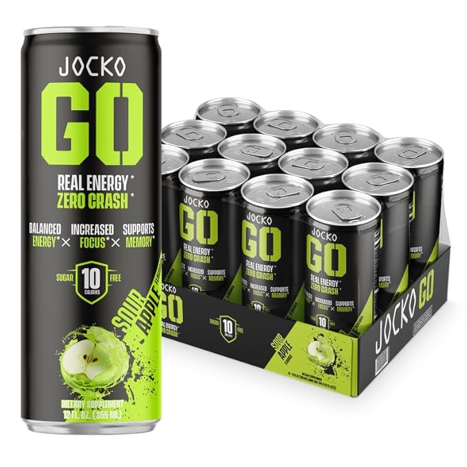 Jocko GO Energy Drink - Keto, Vitamin B12, Vitamin B6, Electrolytes, L Theanine, Magnesium- Energy Boost, Sugar Free Nootropic Monk Fruit Blend - 12 Pack (Sour Apple)-FlexoryFit