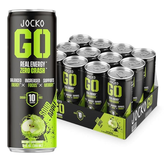 Jocko GO Energy Drink - Keto, Vitamin B12, Vitamin B6, Electrolytes, L Theanine, Magnesium- Energy Boost, Sugar Free Nootropic Monk Fruit Blend - 12 Pack (Sour Apple)-FlexoryFit