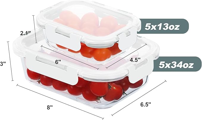 10 Pack Glass Food Storage Containers, Meal Prep Containers with Lids, Airtight Glass Lunch Boxes, Freezer, Oven, and Microwave Safe, White-FlexoryFit