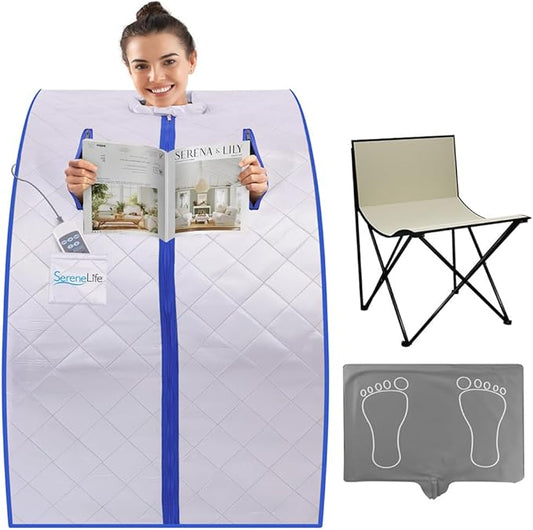 SereneLife Portable Sauna Box for Home, Infrared Sauna Tent with Heated Foot Pad and Folding Chair, Remote Control In-Home Spa, 38" x 32” - (Silver)