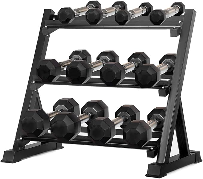 6-10 Pair Iron and Rubber Dumbbell Set 350/450 and 550 lbs 5-50 lbs Hand Free Weight for Strength Hex Coated Weights with Vertical Storage Rack Home Gym 5-50 lb - Black-FlexoryFit