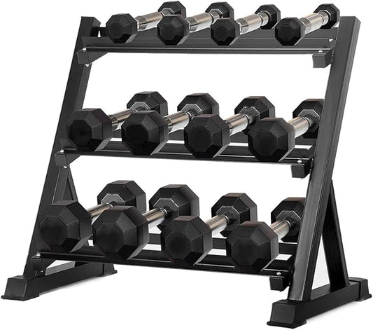 6-10 Pair Iron and Rubber Dumbbell Set 350/450 and 550 lbs 5-50 lbs Hand Free Weight for Strength Hex Coated Weights with Vertical Storage Rack Home Gym 5-50 lb - Black-FlexoryFit