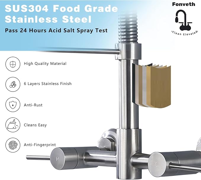 Wall Mount Kitchen Faucet, 8 Inch Center Wall Mount Kitchen Sink Faucet with Pull Down Sprayer Commercial, Brushed Nickel
