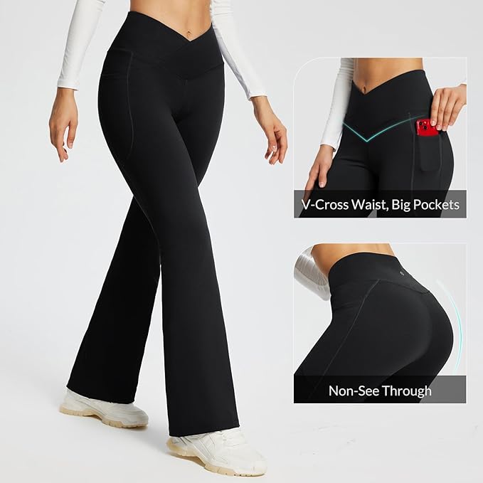baleaf Women's V Crossover Flare Leggings with Pockets Yoga Pants High Waist Casual Workout Gym Bell Bottom Leggings-FlexoryFit