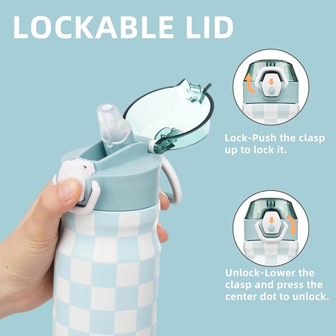 Insulated Water Bottle with Straw and Carry Loop,18 oz Stainless Steel Double Wall Vaccum Metal Water Flask with Leak-proof Lid,Blue White Plaid-FlexoryFit