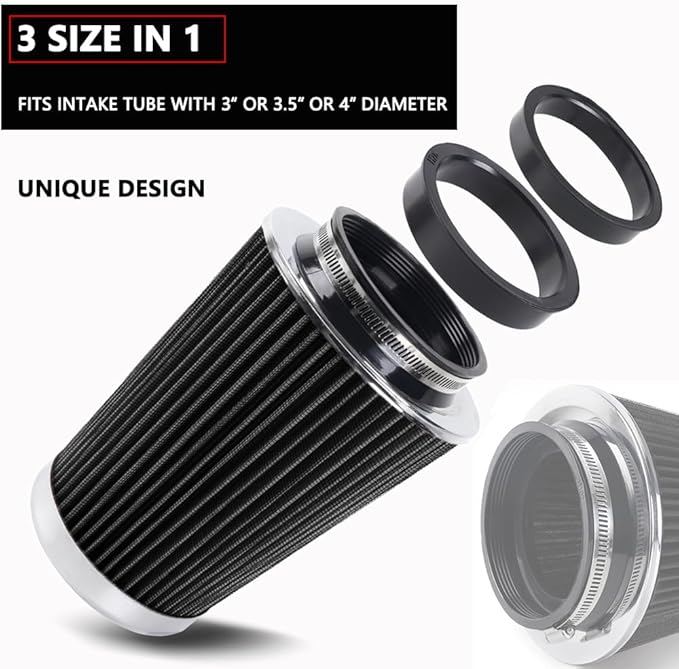 4-Inch Cold Air Intake Filter - Washable, High Performance, 3" or 3-1/2" or 4" Clamp-On Replacement Air Filter Black (8" Tall)