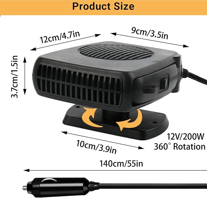 Car Heater, 200W Car Heaters Auto Part 12V Portable Heater for Car, Car Heater That Plugs Into Cigarette Lighter, Car Defroster Windshield Demister, Auto Defogger 360° Rotatable With Ergonomic Handle