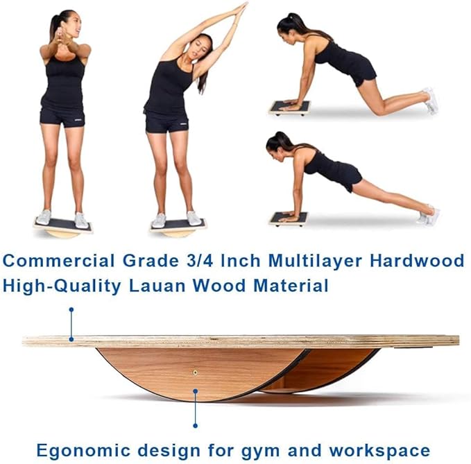 StrongTek Professional Wooden Balance Board, Rocker Board, Wood Standing Desk Accessory, Balancing Board for Under Desk, Anti Slip Roller, Core Strength, Stability, Office Wobble Boards-FlexoryFit