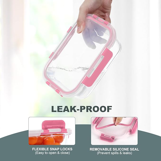 10 Pack Glass Food Storage Containers, Meal Prep Containers with Lids, Airtight Glass Lunch Boxes, Freezer, Oven, and Microwave Safe, Pink-FlexoryFit