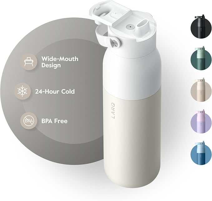 LARQ Bottle Swig Top 34oz - Insulated Stainless Steel Water Bottle With Built-In Silicone Handle | BPA Free | Reusable Water Bottle for Sports, Gym, and Travel, Granite White