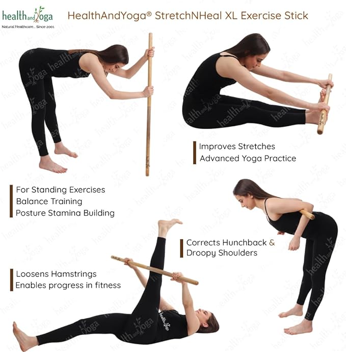 HealthAndYoga™ StretchNHeal Collapsible Multi-Use Wooden Yoga Stick - Regular and XL - Portable Posture Corrector Pole, Stretch Mobility Stick, Physical Workout Exercise Dowel-FlexoryFit