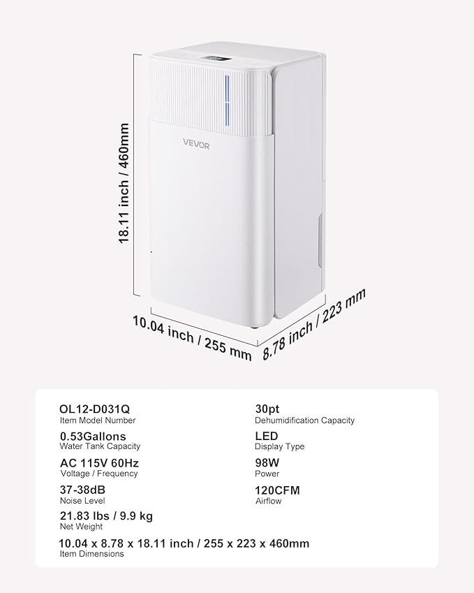 VEVOR 30 Pints Dehumidifier for Home & Basement, 1500 Sq.Ft Large CoverageDrain Hose for Commercial & Industrial Use, Smart Humidity Control, Low Noise for Large Rooms, Warehouses, Bedrooms & Storage