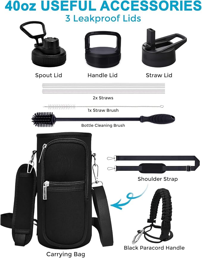 Travel Water Bottle with Carrying Bag, 3 Lids (Spout, Straw, Handle), and Bottle Brush; Leak Proof, Quality, Vacuum Insulated, Stainless Steel (Mixed Berry, 40 oz)