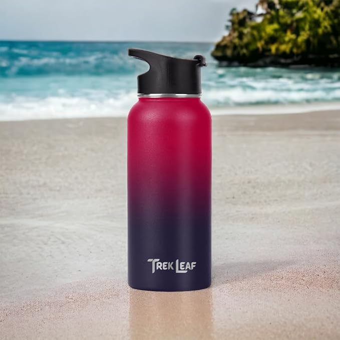 Travel Water Bottle with Carrying Bag, 3 Lids (Spout, Straw, Flip), and Bottle Brush; Leak Proof, Quality, Vacuum Insulated, Stainless Steel (Mixed Berry, 32 oz)